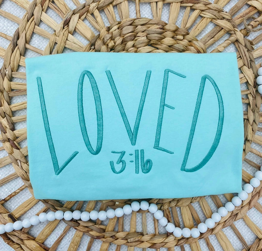 Embroidered John 3:16 'Loved'- Light blue